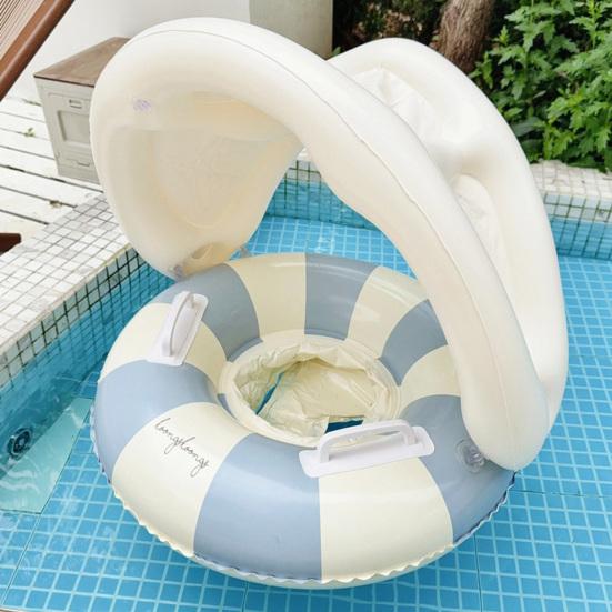 Inel de înot pentru bebeluși cu copertină detașabilă, Gonflabil cu dungi, Scaun plutitor pentru piscină cu mâner, Inel pentru piscină cu protecție solară pentru copii mici