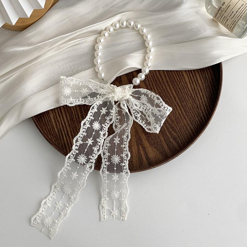 Collarbone Chain Versatile Spring and Autumn Fashion Neck Care Silk Scarf Headband Pearl Necklace Tie Hair Band Lace Streamer