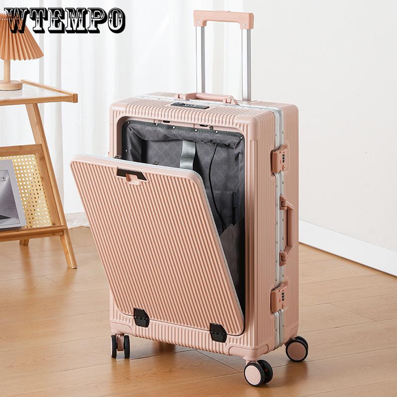 Front Opening Multifunctional Rolling Aluminum Frame Laptop Luggage with Spinner Wheels - Carry On Travel Suitcase with Combination Lock for Men Women