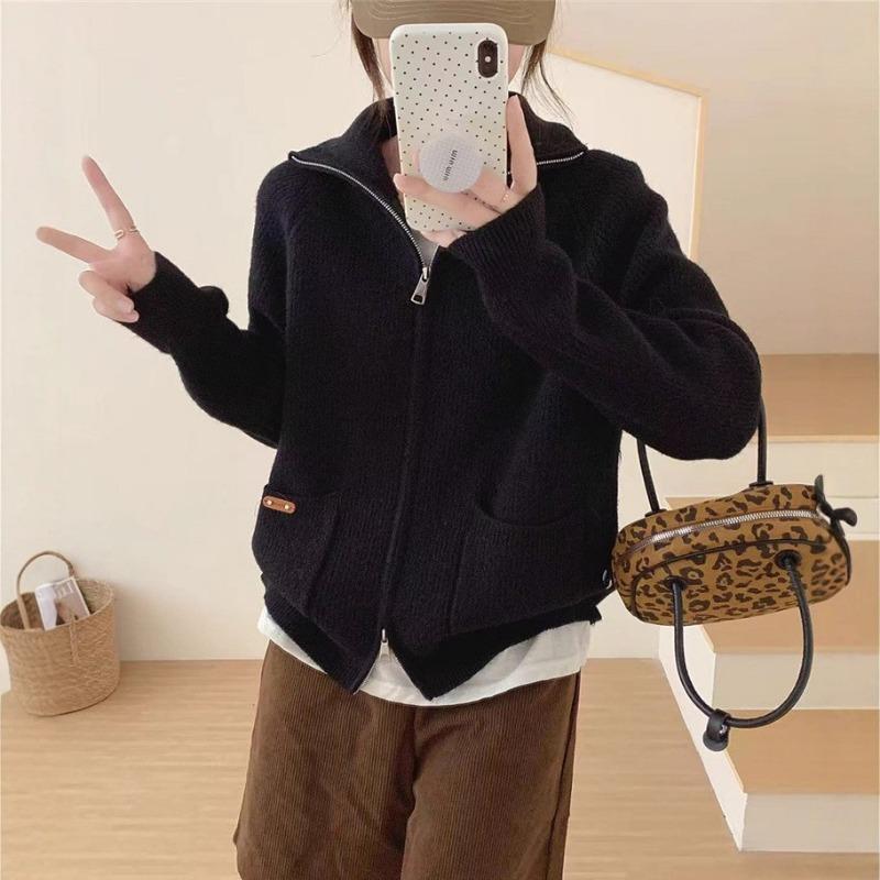 

Кардиган вязаный на двойной молнии со стойкой для женщин, новинка осени и зимы, свободный и универсальный, в ленивом повседневном стиле, куртка-свитер для женщин One Size