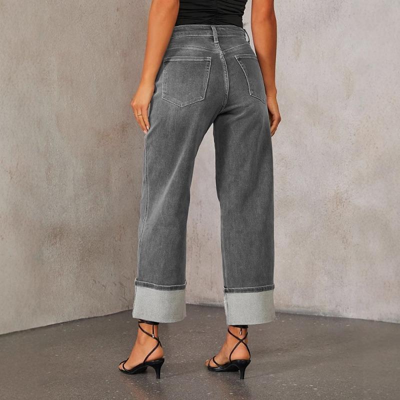 Women's Spring New Stretch Straight Jeans Quality Models Retro Rolled High Waist Trousers