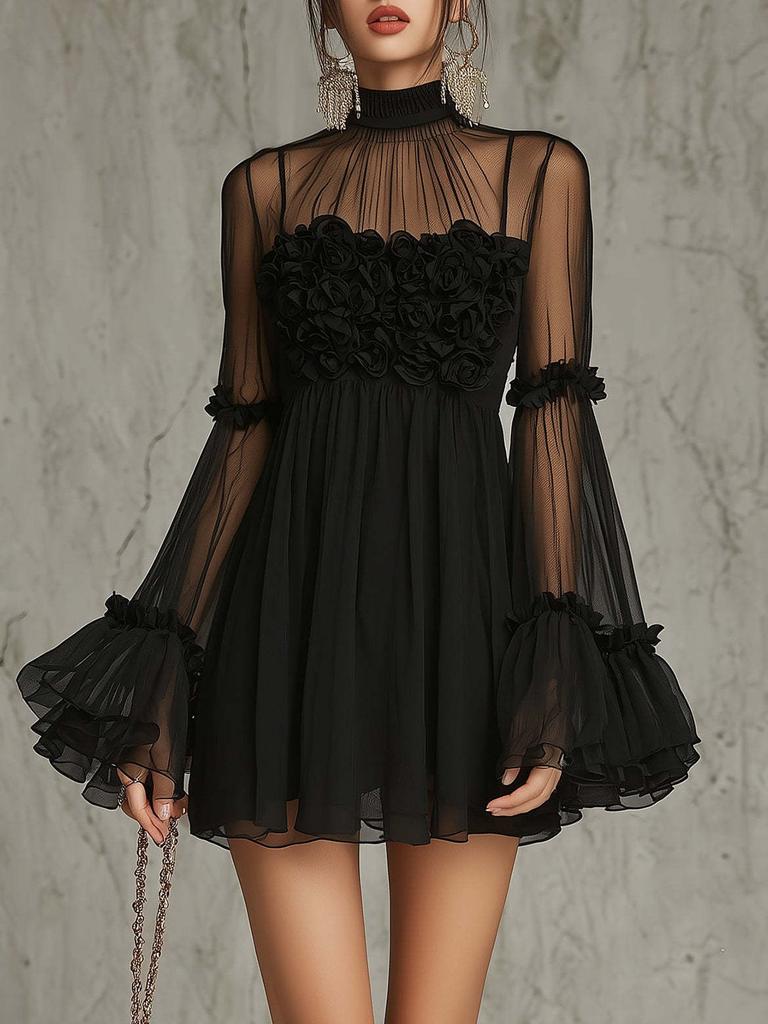 There are big flowers on the chest, European and American French three-dimensional rose mesh dress, high neck perspective horn, small black dress.