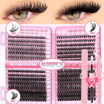 GROINNEYA DIY Wimperncluster-Set, gemischtes Tray-Wimpern-Set, flauschige Einzelwimpernverlängerung mit Wimpernbindung und -versiegelung für das Make-up zu Hause