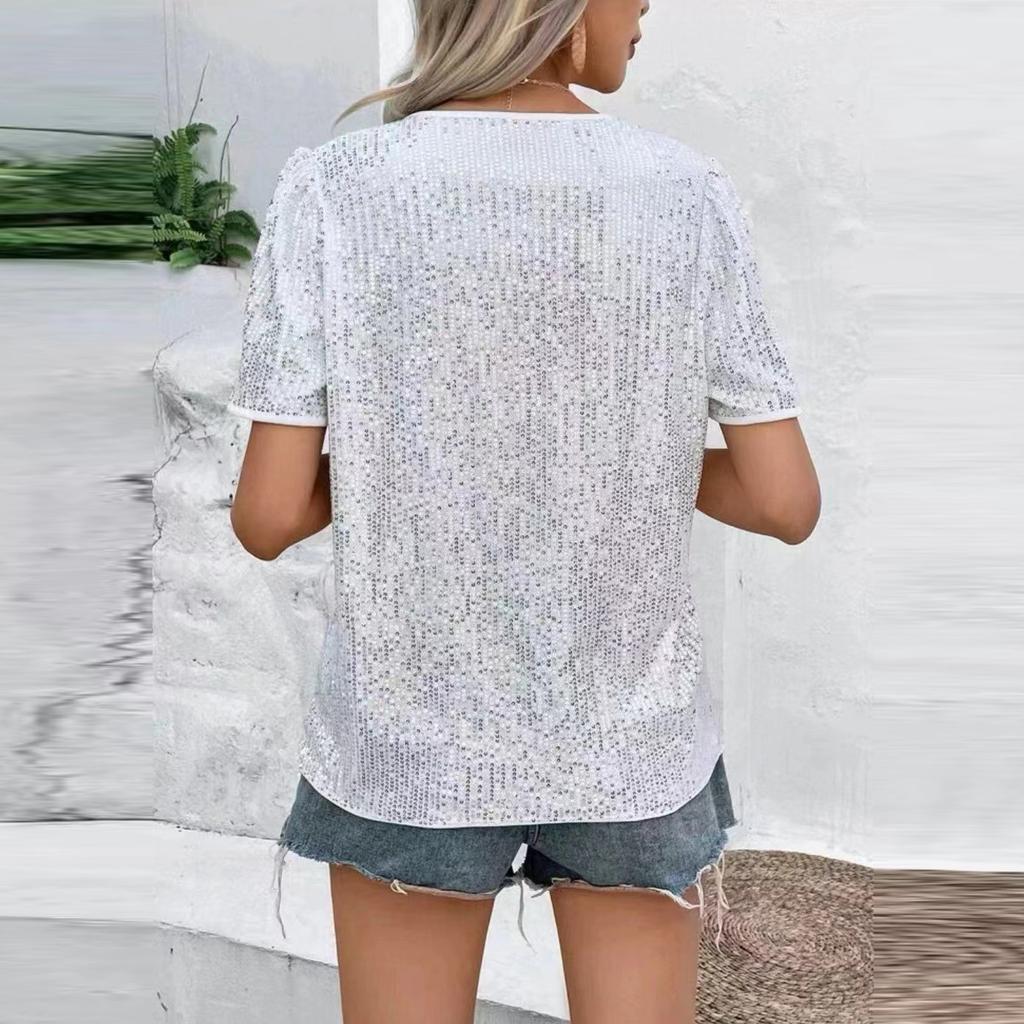 Plus Size Sequins Tops For Women Loose V Neck Short Sleeve Tunic Shirts Dressy Business Casual Party Blouse