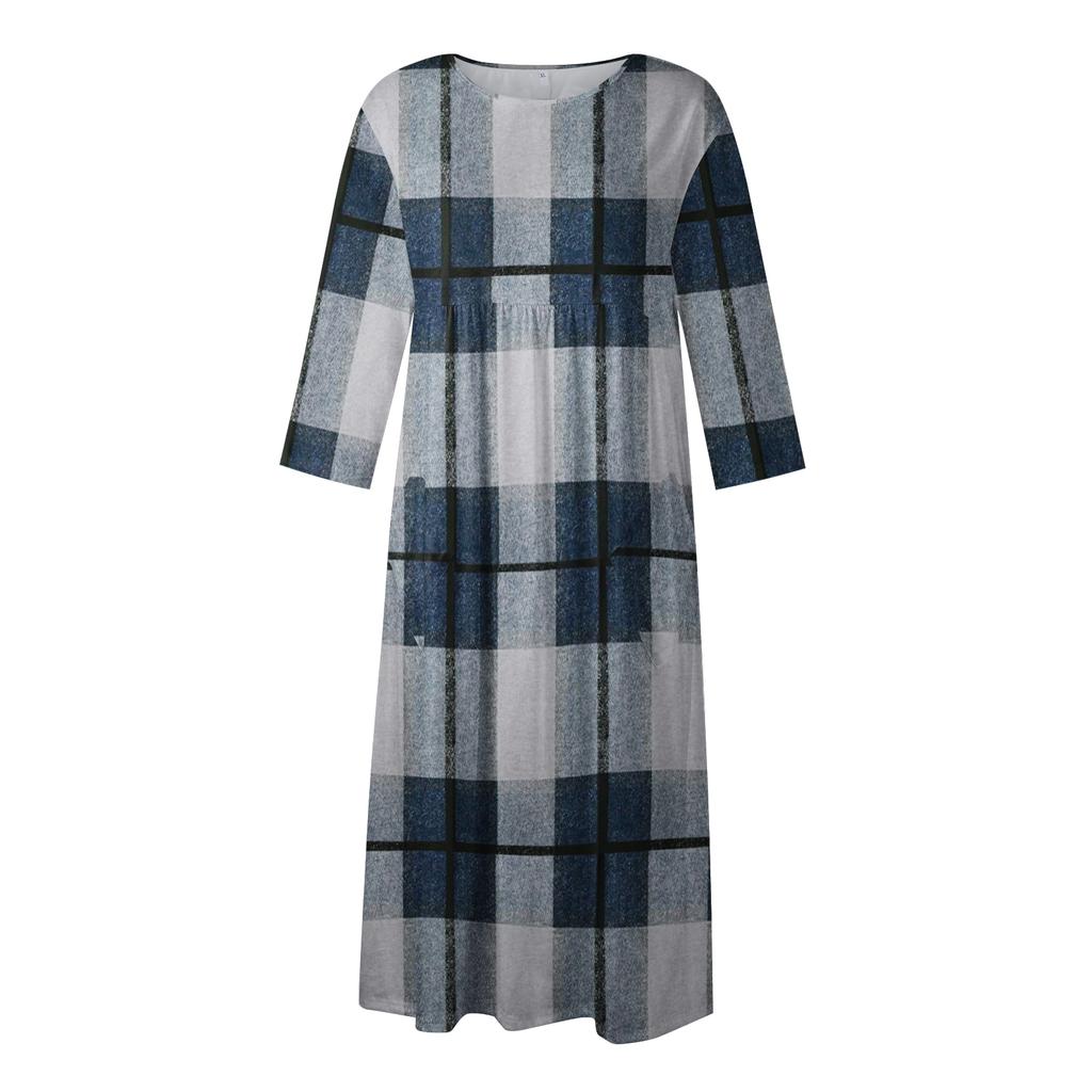 Women's Casual Round Neck Plaid Print Midi Dress Long Sleeve Pocket Dress