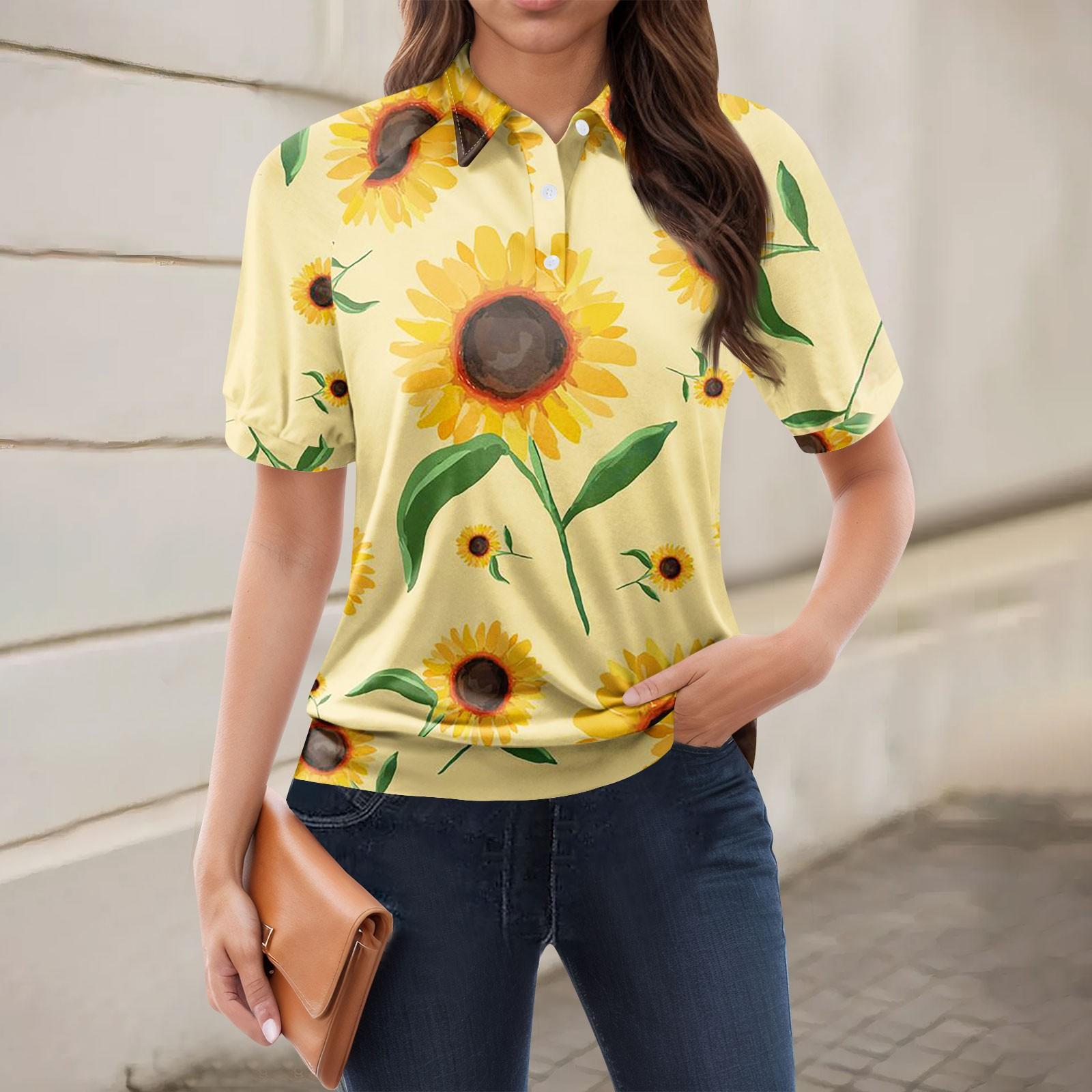 

Женская повседневная футболка с v-образным вырезом и коротким рукавом с цветочным принтом и декоративными пуговицами, топ XL жёлтый