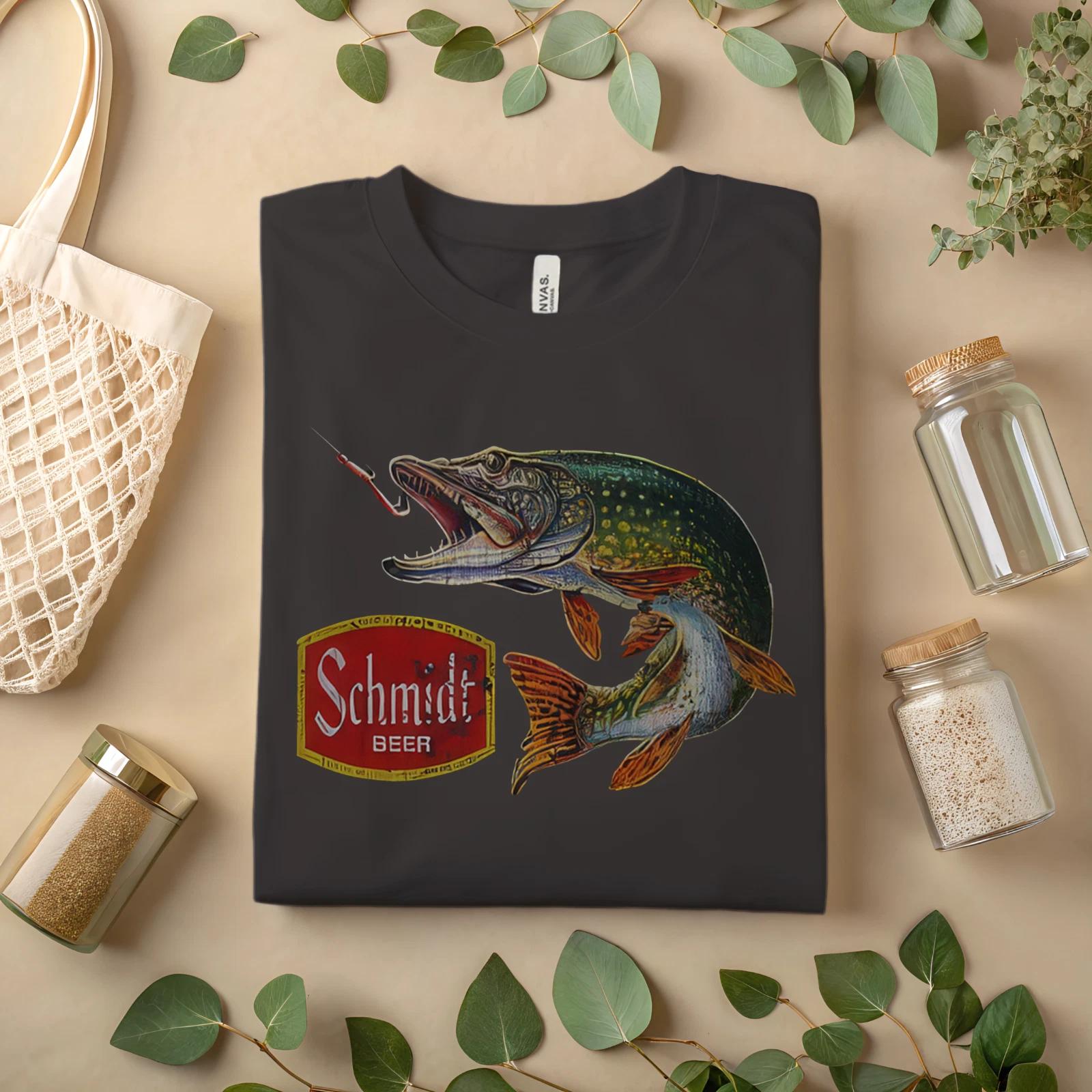 

Schmidt Beer Fishing T-Shirt Vintage Pike Fish Graphic Tee for Beer Lovers A337 M