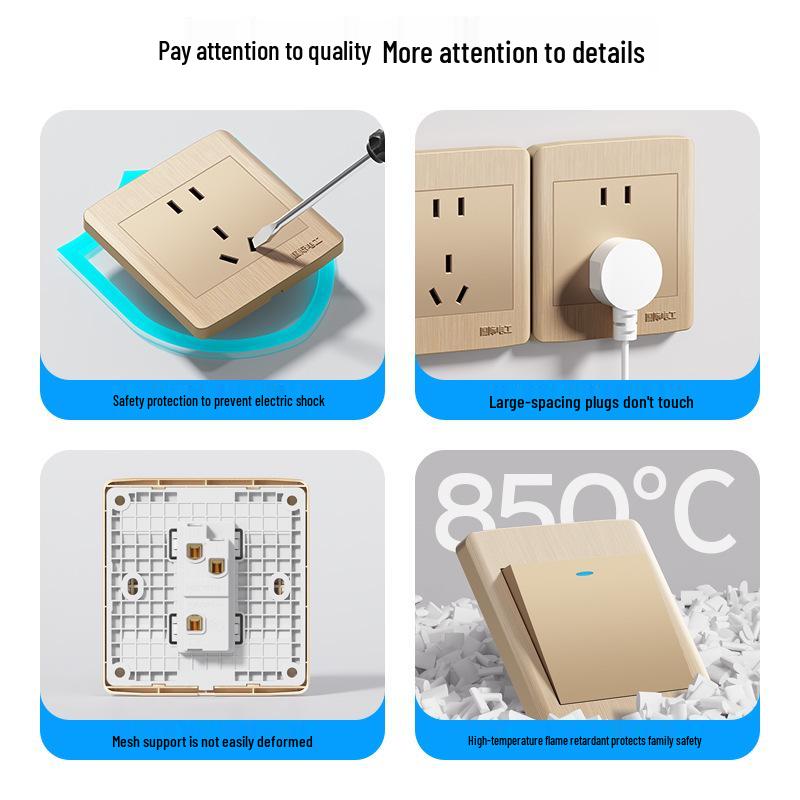 Gold 86 Typ Elektrische Nachttischlampe Wandschalterpanel mit Einzel-/Doppelsteuerung und Fünflochsteckdose