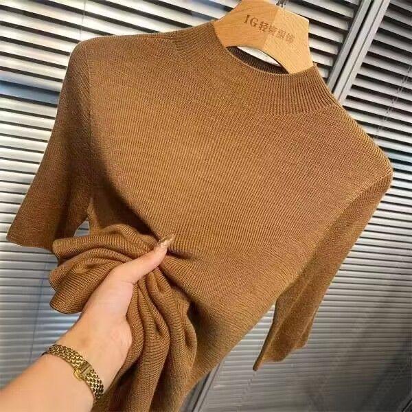 Spring and Autumn thin semi-turtleneck bottoming shirt women's half-sleeved knitted sweater new five-quarter-sleeved slim-fitting foreign-style medium