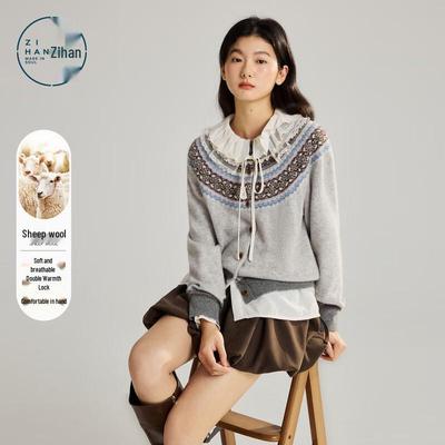 ZIHAN Women's Fair Isle Wool Knit Cardigan