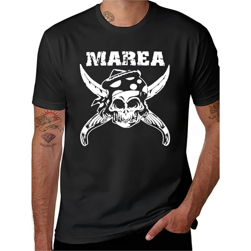 Men'S Marea Band Spanish Rock Graphic T-Shirt - Black Distressed Skull And Crossbones And MAREA Lettering, Breathable Short Sleeve Tee, Machine