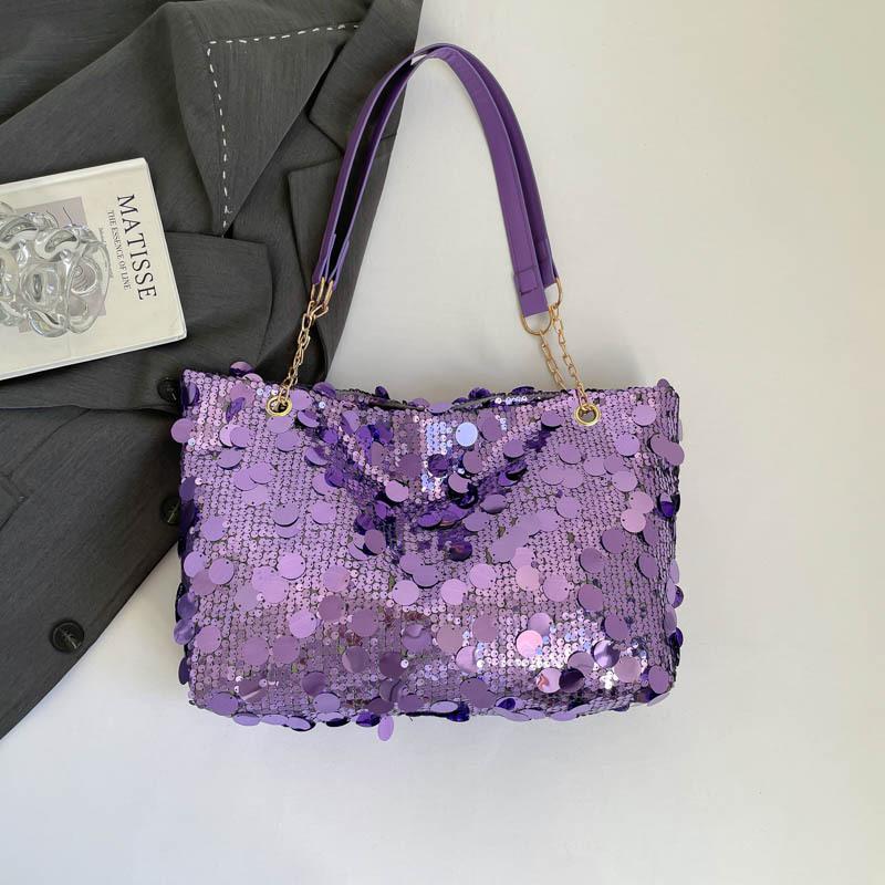 Versatile Shiny Sequin Shoulder Bags for Women Large Capacity Ladies Casual College Tote Bag Simple Solid Color Female Handbags