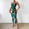Summer New Women's Mesh Print Strapless Slit Midi Dress Elegant Advanced Sense Dating Daily Commute Casual Dress For Leisure