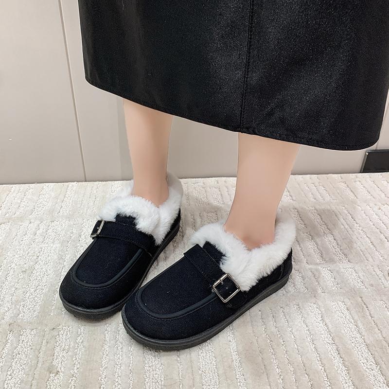 Large Size Cotton Shoes Winter New Round Toe Deep Mouth Suede Metal Buckle Soft Sole Anti-slip Wear-resistant Flats