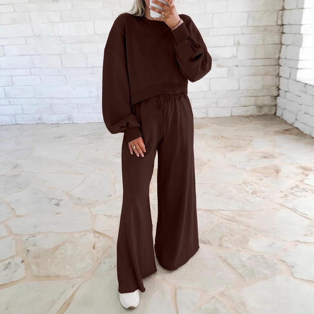 2026 Autumn/Winter Women's Drop Shoulder Bubble Sleeve Pullover & Drawstring Wide-Leg Pants Set