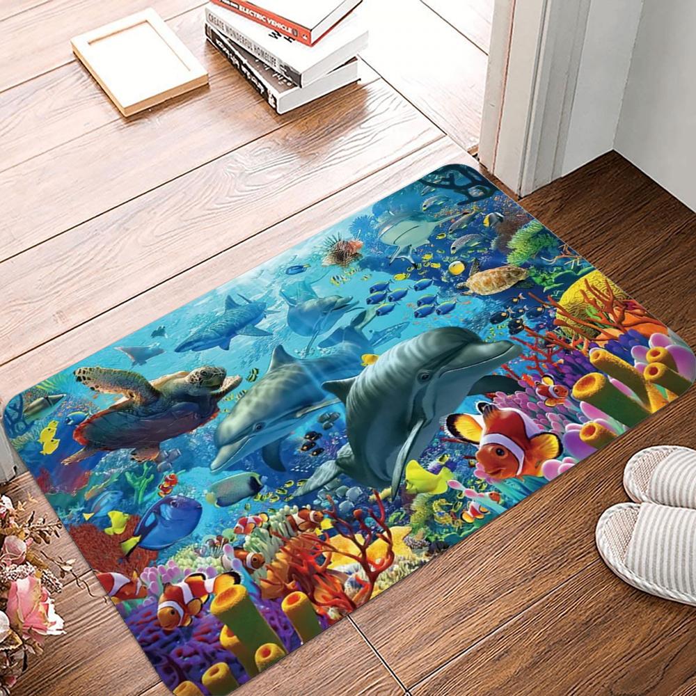 Grand Ocean Scene Door Mat with Whales Dolphins and Tropical Fish Non-slip Floor Rug for Entrance Home Decorative Mat