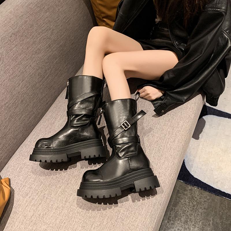 New Mid-leg Boots for Fall Fashion Front Zip Metal Buckle Platform Non-slip Block Heel Shoes