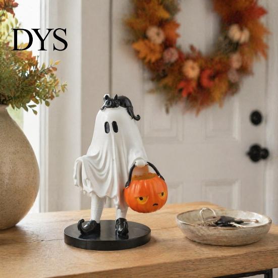 Unique Niche Gift Vintage Halloween Ghost Figurine, Cute Spooky Resin Statue with Pumpkin Artistic Desktop Collection Bucket And Black Cat for Indoor