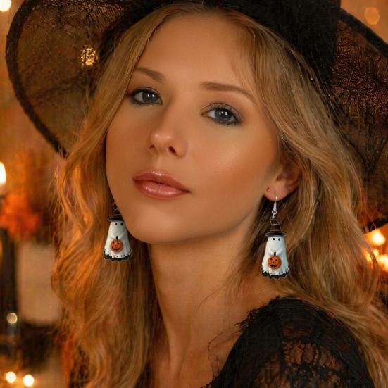 Ghost Pumpkin Earrings Cute Earrings, with Wizard Hat Decor, Antioxidant Metal Halloween Drop Lightweight Acrylic Pendant