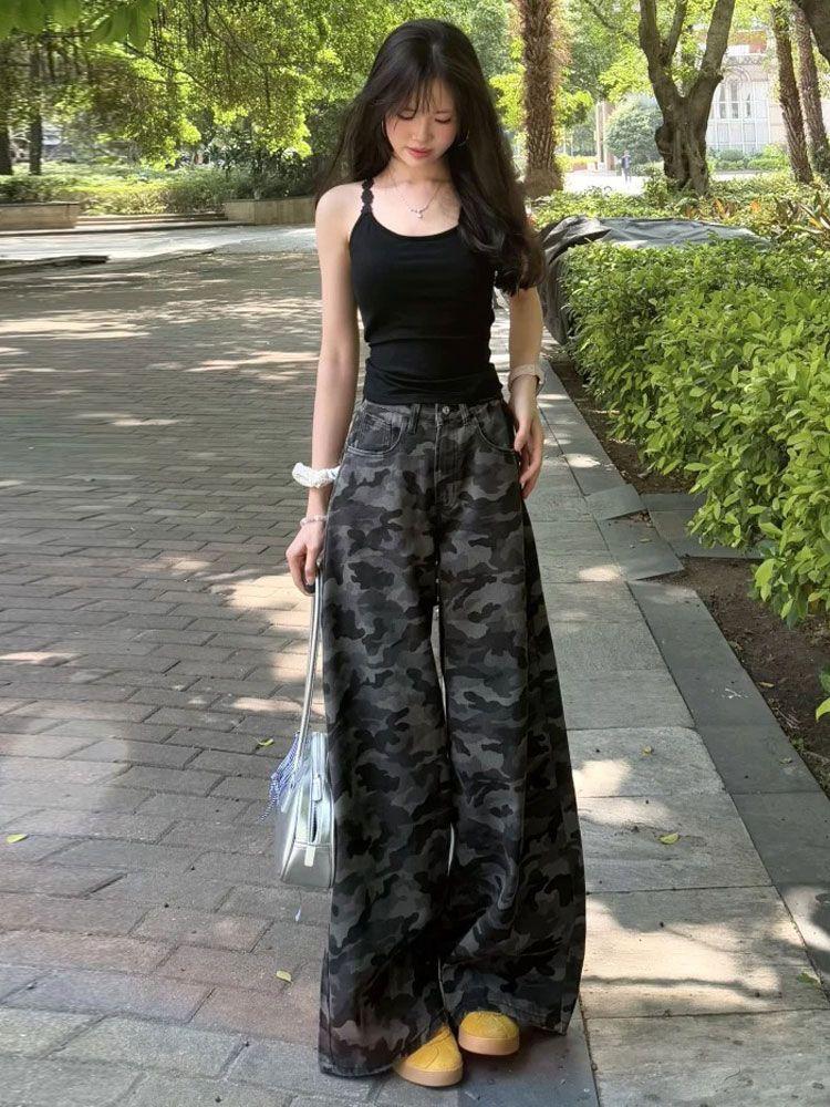 Fashionable Comfortable Vintage Camouflage Work Wide Leg Jeans Women's High Waist Loose Slim Straight Casual Trousers Jeans for Women Long Denim Pants