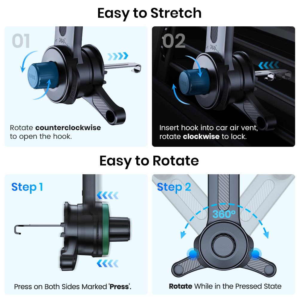 TOPK Car Phone Holder Air Vent Mount [360° Metal Hook] Universal Extension Car Mount For iPhone 15 14 Samsung Xiaomi Car Stand