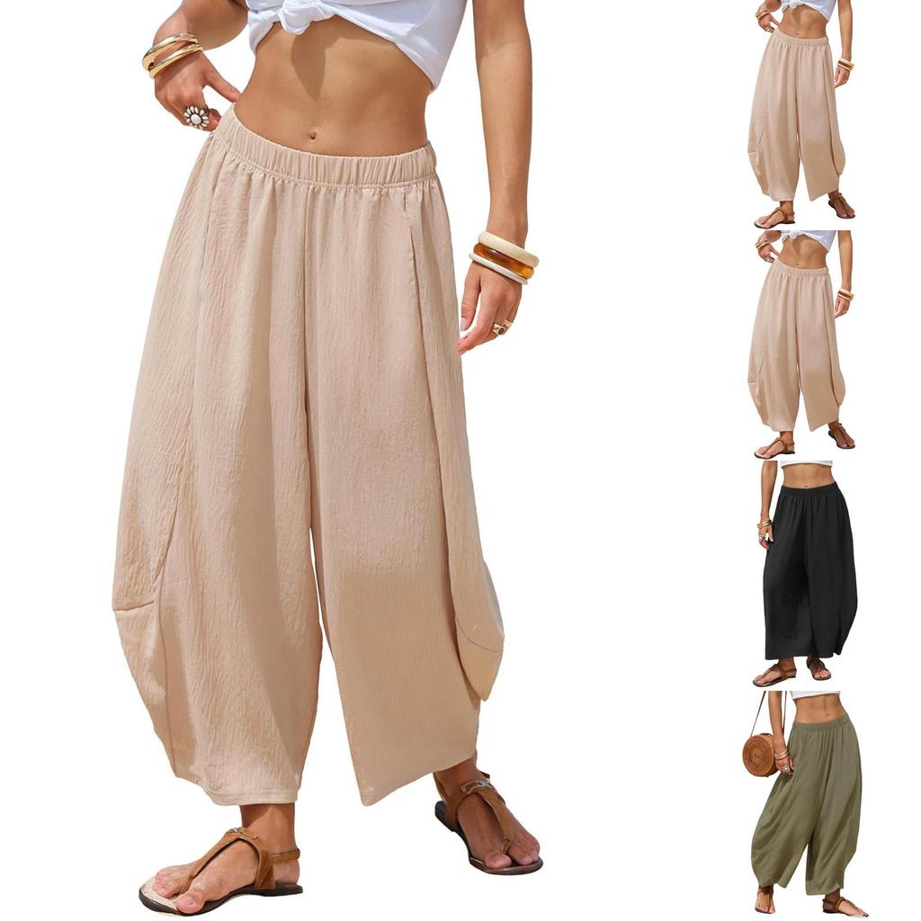 Damskie elastyczne spodnie z wysokim stanem, o swobodnym kroju, z szerokimi nogawkami, długie spodnie, spodnie z kieszeniami