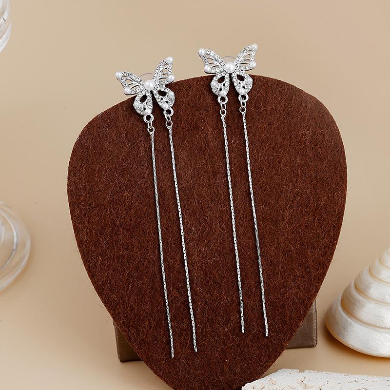 Fairy Butterfly Fringed Earrings Collection, Metal Wind Diamond Chain Earrings Exaggerated And Thin Stud Earrings