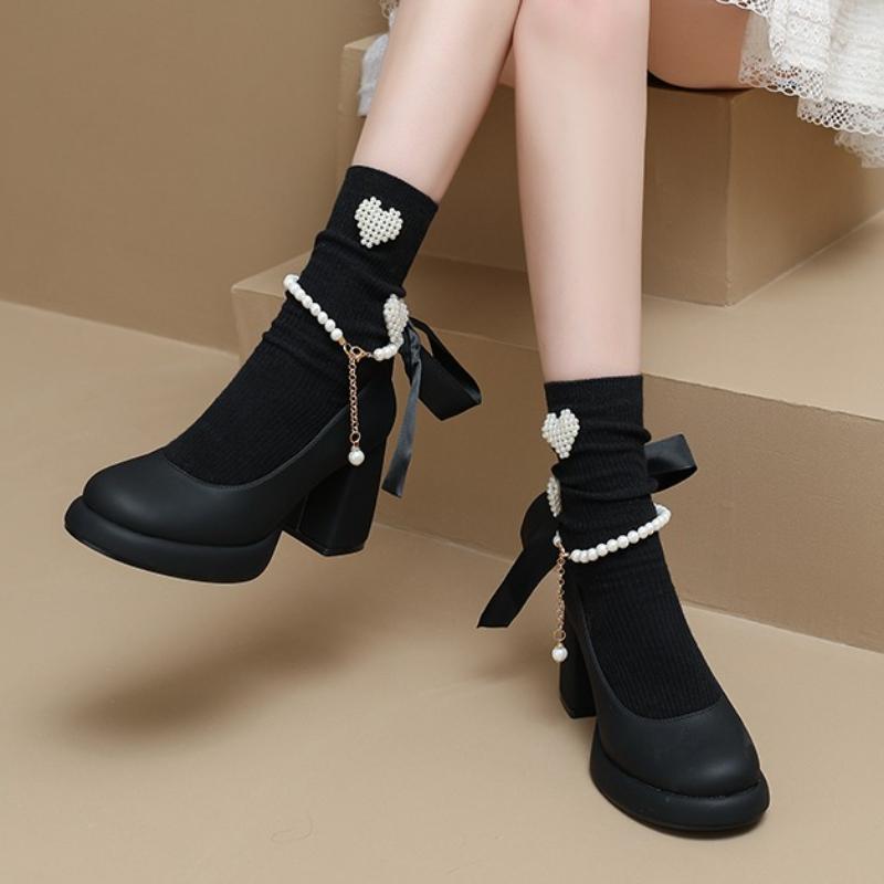 

Мода 2025 Новые туфли-лодочки Мэри Джейн для женской обуви Круглый носок Неглубокий вырез Расшитый бисером бант Толстый высокий каблук Офисная обувь Размер 34 чёрный