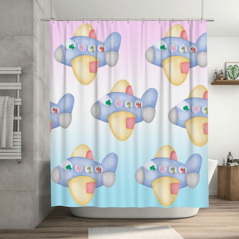 Waterproof Bathroom Shower Curtain Featuring A Whimsical Airplane Design With Cute Cartoon Animals For Children'S Bathroom Decor
