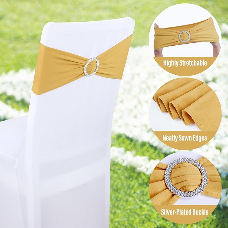 LMETJMA 10 Pcs Spandex Chair Sashes Premium Stretch Bows With Buckle Slider Universal Elastic Bands for Wedding Party Banquet