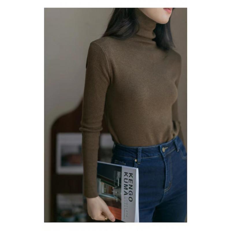 

Водолазка женская осенне-зимняя новая теплая вязаная базовая рубашка прилегающего кроя с длинным рукавом мягкий восковой топ One size темно-коричневого