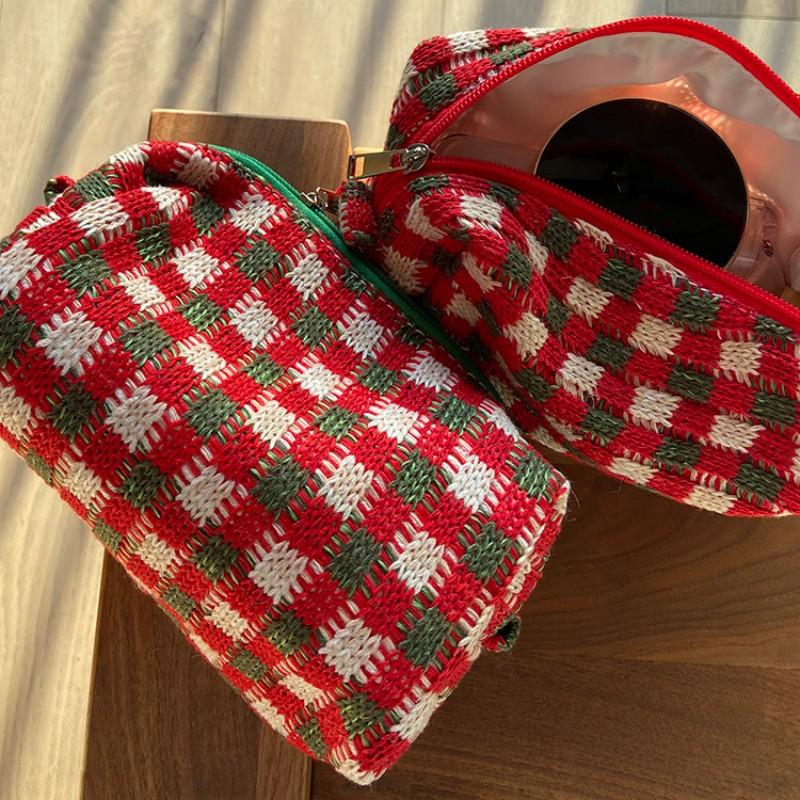 Christmas Cosmetic Bag Knitted Plaid Large Capacity Makeup Pouch Student Stationery Storage Pen Holder Travel Portable Wash Bag