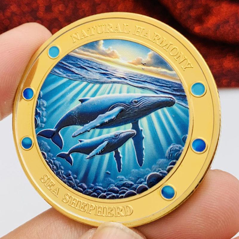 Ocean dolphin, gold-plated color printed diamond inlaid commemorative medal, decorative ornament, coin, gold coin, tooth fairy, commemorative coin