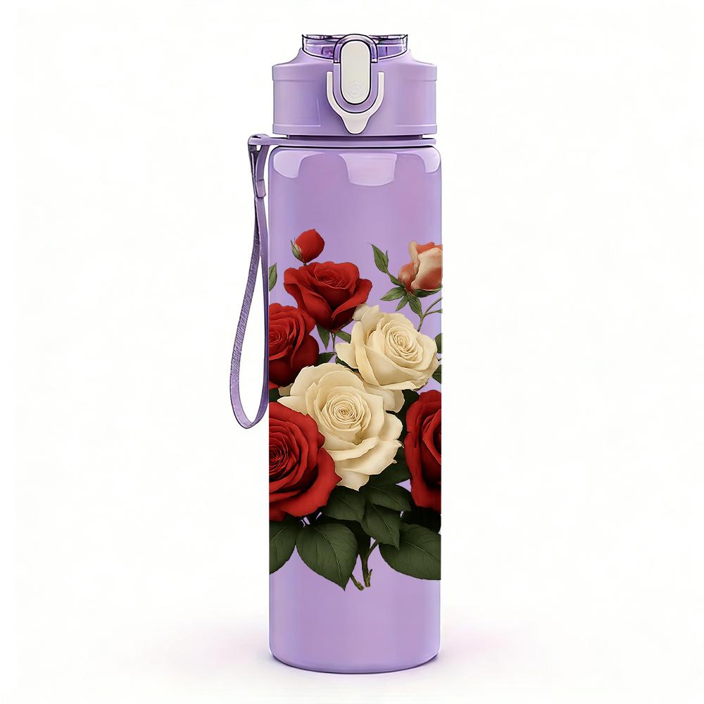 1PC Red White Rose Bouquet 750ml Color Plastic Sports Water Bottle Leakproof Flip Straw Lid For Sports Office Home Use