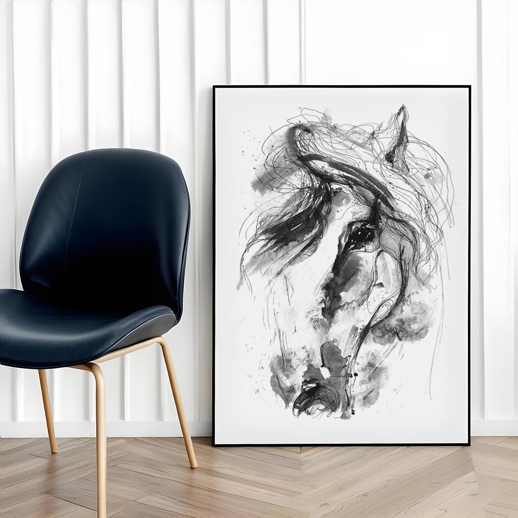 Poster Horse Sketch Portrait In Black Frame