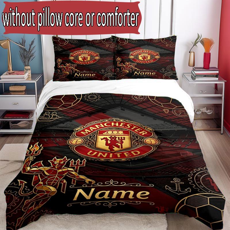 3pcs Duvet Cover Set (1*Duvet Cover + 2*Pillowcase, Without Core), Custom Name Manchester United Pattern Bedding Set, Home Bedroom Decor Gift