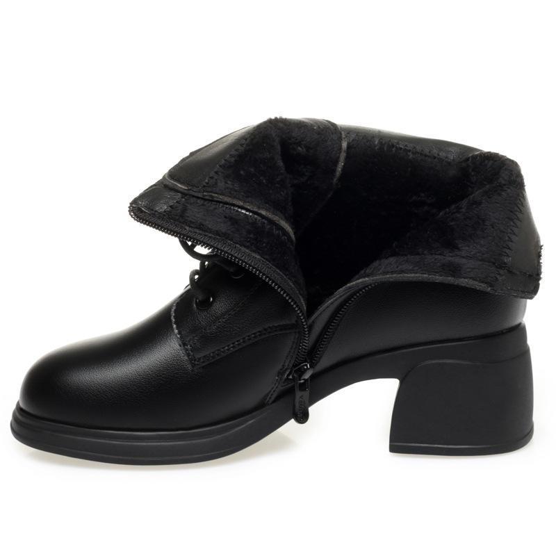 

4,5 см Ботинки в британском стиле из черной мягкой кожи Женские туфли на квадратном каблуке Осень Зима 2025 Полусапожки на среднем каблуке с коротким мехом Мама 40