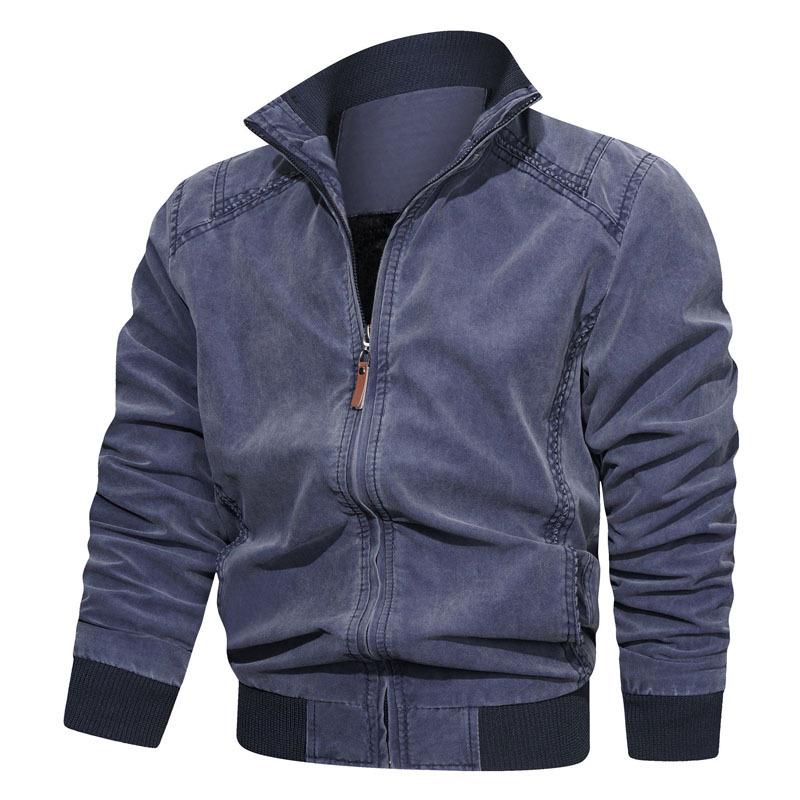 Men's Retro Washed Cotton Stand Collar Jacket - Casual Loose Fit, Autumn Wear