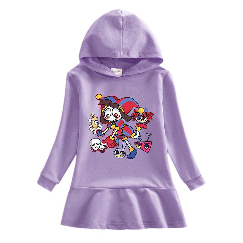 2026 Spring/Autumn Girls' Ruffle Cartoon Rainbow Hooded Princess Long Sleeve Dress