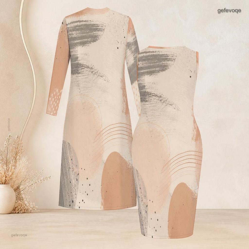 Women Plus Size Printed Two Piece Set Long Sleeve Open Front Cardigan Sleeveless Bodycon Dress