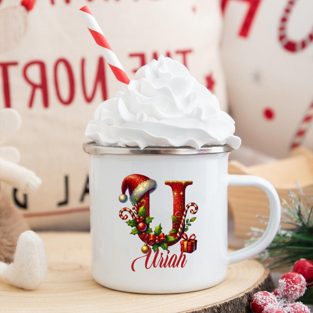 Personalisierte Tasse mit individuellem Namen 26 Buchstaben Emaille Weihnachtsbecher, Geschenk für sie, Weihnachts-Kaffeetasse, Frohe Weihnachten Geschenk