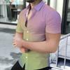 Women Short Sleeve Shirt Pink Green Blue Gradient Solid Lapel Button Up Top