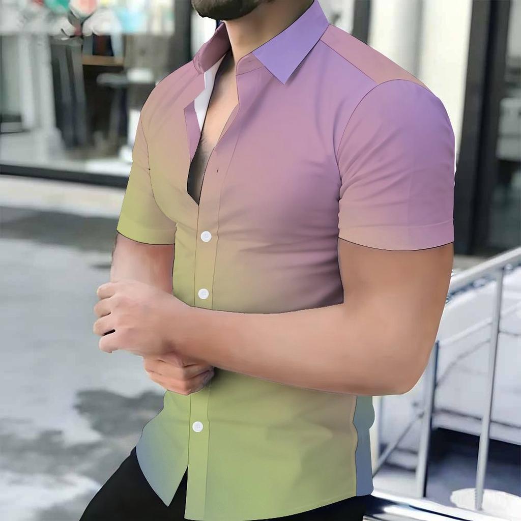 Women Short Sleeve Shirt Pink Green Blue Gradient Solid Lapel Button Up Top