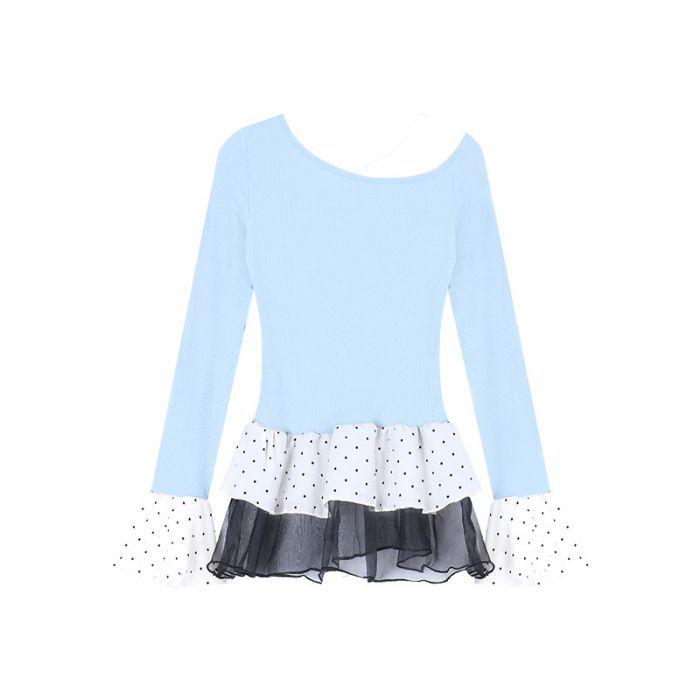 

Шикарная черная футболка с длинными рукавами и открытыми плечами в корейском стиле, пэчворк в горошек Extra Large синий