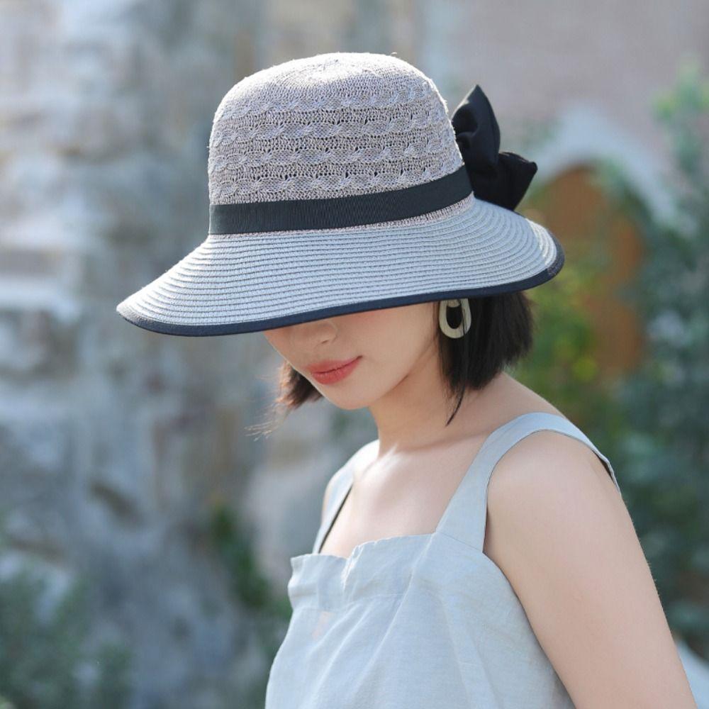 Fashionable Breathable Straw Outdoor Sun Hat Bowknot Design Elegant Beach Hat French Style Seaside Sun Cap Summer Vacation