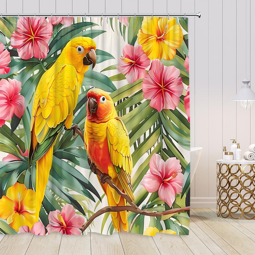 Parrot Shower Curtain Tropics Jungle Rainforest Watercolor Bird Palm Leaf Flower Floral Bathroom Decor Polyester Bath Curtain