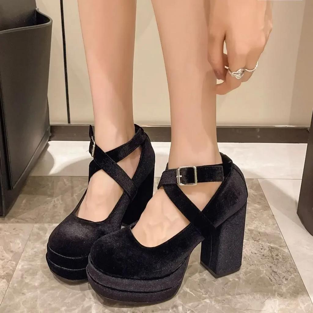Fashion Platform Mary Janes Shoes Women Suede Luxury High Heel Lace Up Trend Lolita Shoes Elegant Chunky Party Pumps Zapatos De Mujer