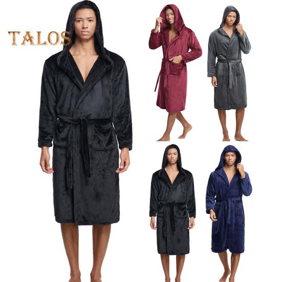 Herren-Nachthemd mit Kapuze, langen Ärmeln, Gürtel, Flanell-Bademantel mit Taschen, einfarbig, schnelltrocknender Stoff, knielang, Loungewear-Robe