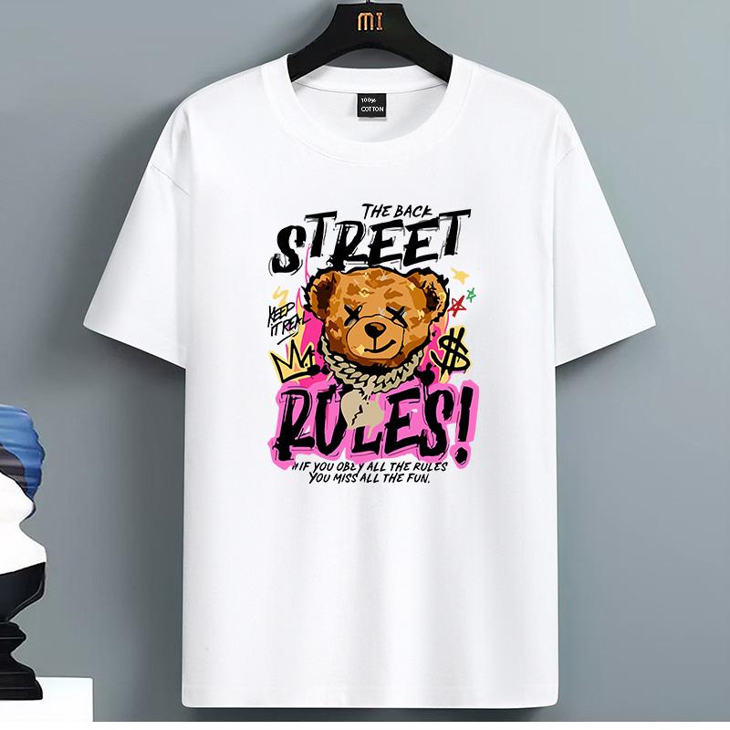 White Short Sleeve "The Back Street Rules!" Bear Graphic T-Shirt with Crown & Chain Design, Cas