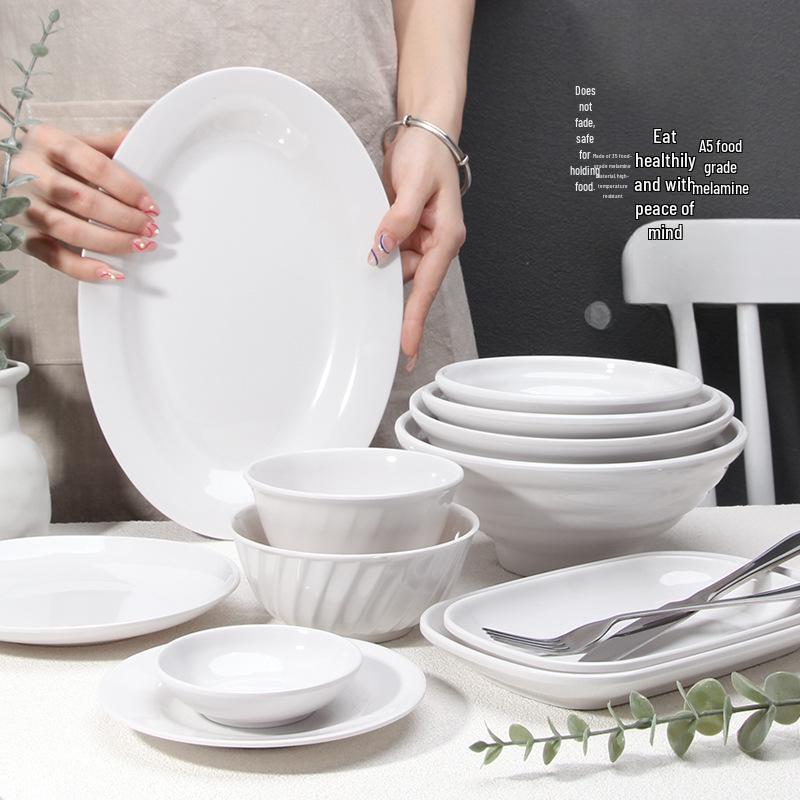 A5 White Melamine High-Temperature-Resistant Noodle and Soup Bowl, Ramen Bowl, Rice Noodle Roll Plate, Vegetable Plate.